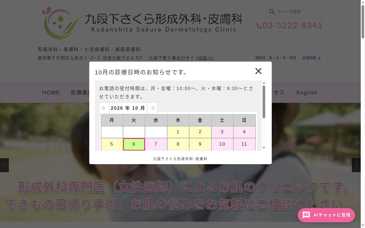 九段下さくら形成外科・皮膚科の公式サイトのスクリーンショット