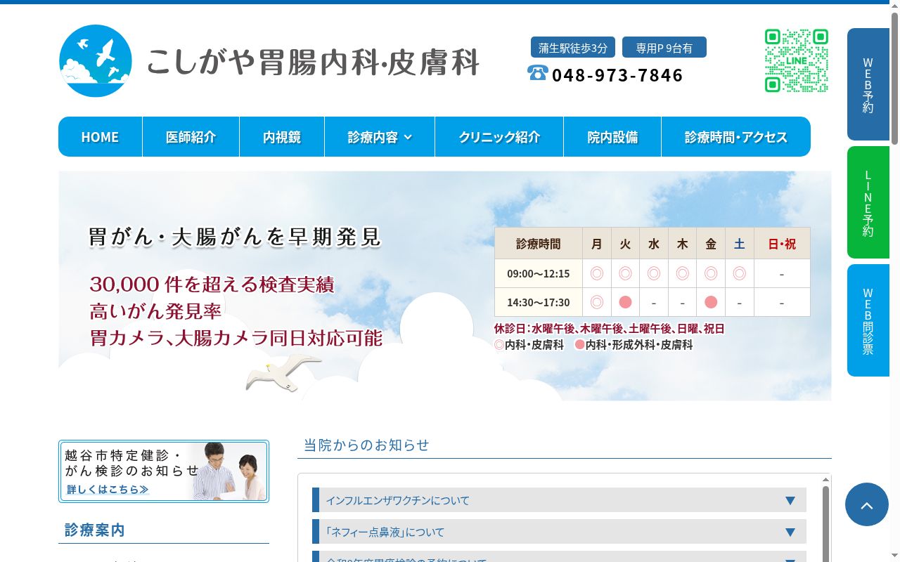 医療法人社団鶴翔会　こしがや胃腸内科・皮膚科の公式サイトのスクリーンショット